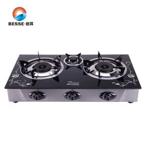 Peb cov Burners Tempered iav rooj chav sab saum toj siv Cookware Gas Burner